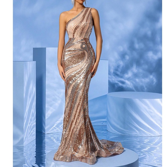 Luxe Sequin One Shoulder Party Evening Wedding Prom Dress - Picture 6 of 9